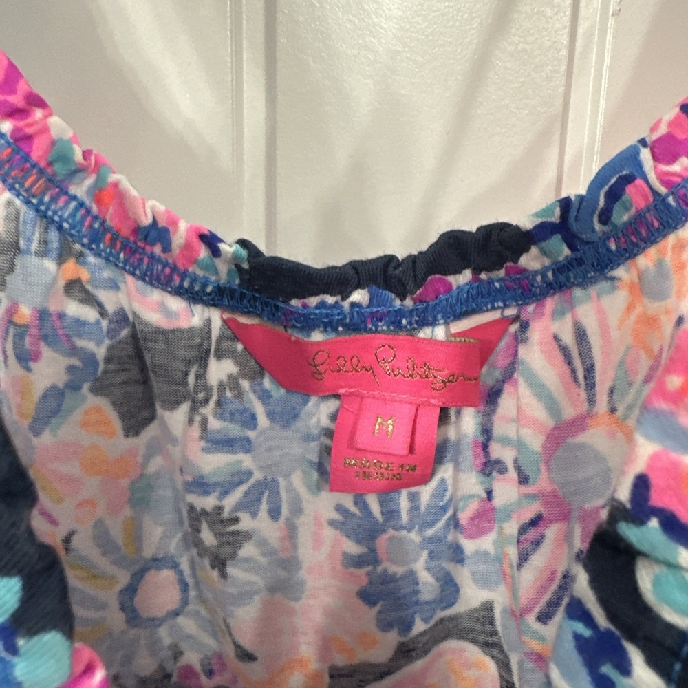 Lilly Pulitzer Loro Swing Dress Womens Sz M Blue High Tide Floral Pink Tiered - Picture 8 of 9